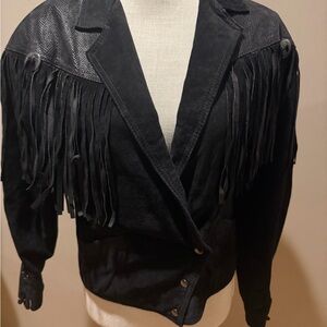 Vintage Cuir Classique Black Leather Fringe Jacket, Medium